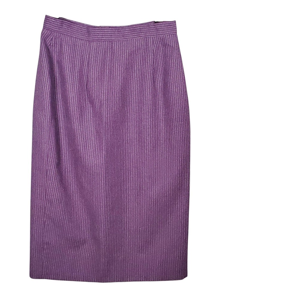 Vivien of Holloway Wool Pencil Skirt Size 16 Purple Pinstripe W29 Made London